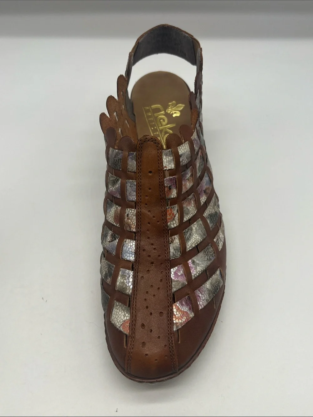 Rieker - Sina 46778 Brown Leather Multi Colored Woven Round Toe Shoes Size 41